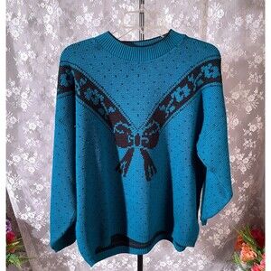 Vintage 80s Sweater Size XL 1980s Retro Turquoise & Black New Wave Goth